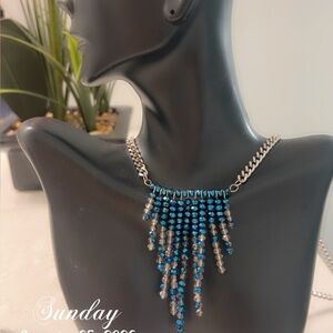 Handmade Blue and Silver Crystal Long Sweater Necklace